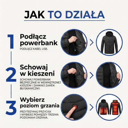 Kurtka ogrzewana męska i damska - 9 stref grzewczych - Wodoodporna, USB