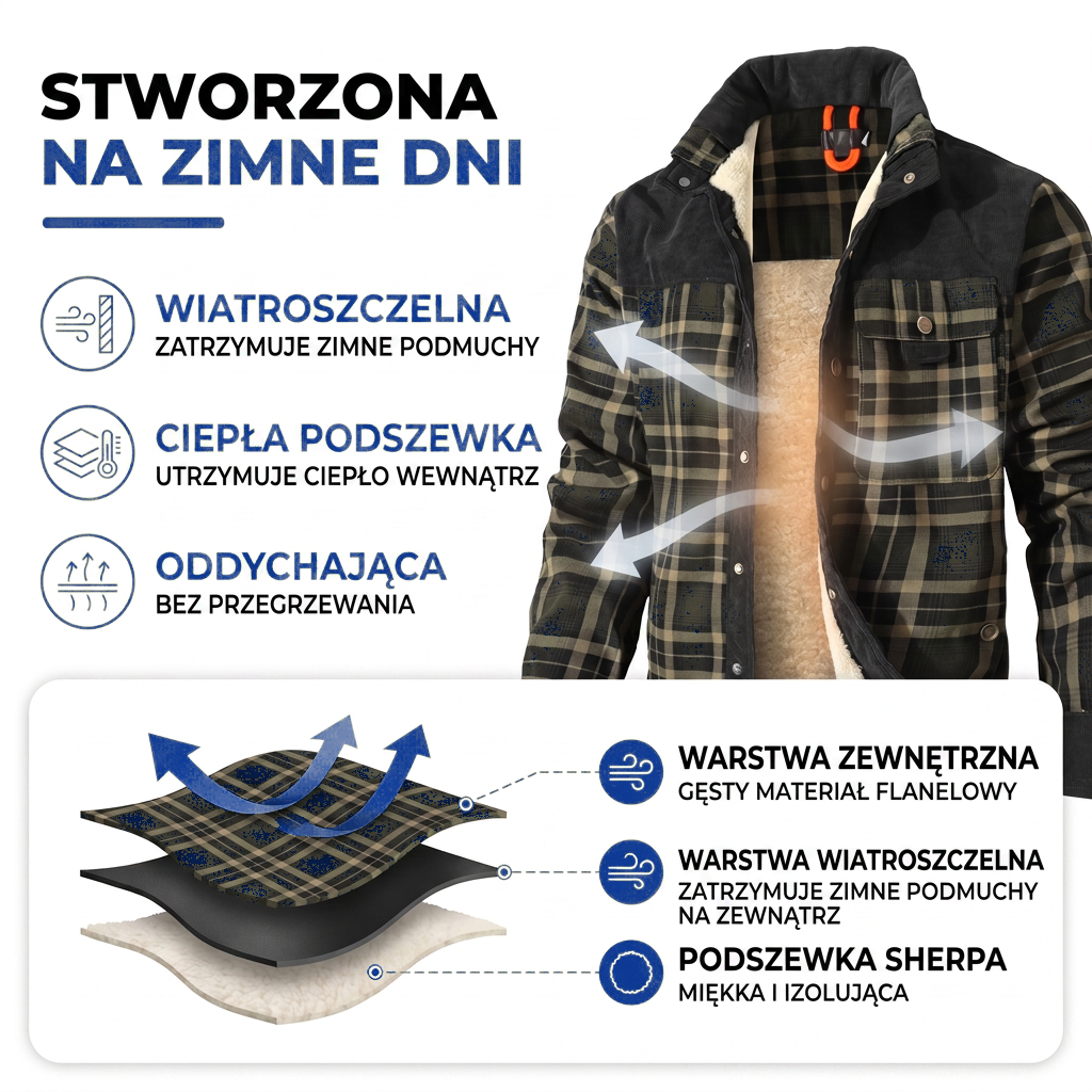 Koszula flanelowa męska ocieplana - Wiatroszczelna - Krata w stylu drwala