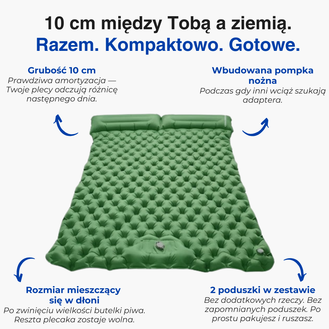 Dmuchana mata campingowa dla dwóch osób – wytrzymała, z wbudowaną poduszką i pompką nożną