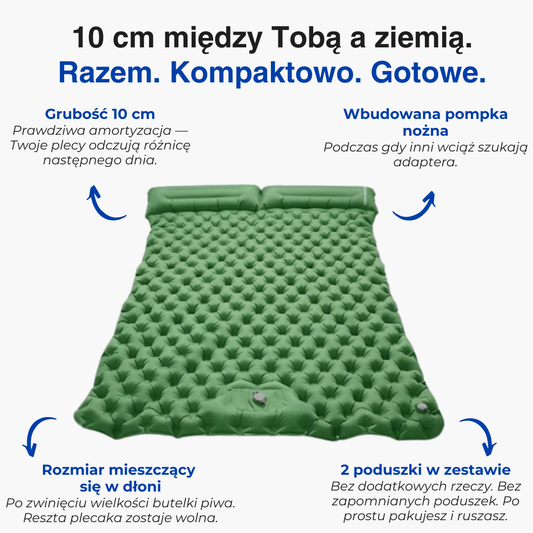 Dmuchana mata campingowa dla dwóch osób – wytrzymała, z wbudowaną poduszką i pompką nożną