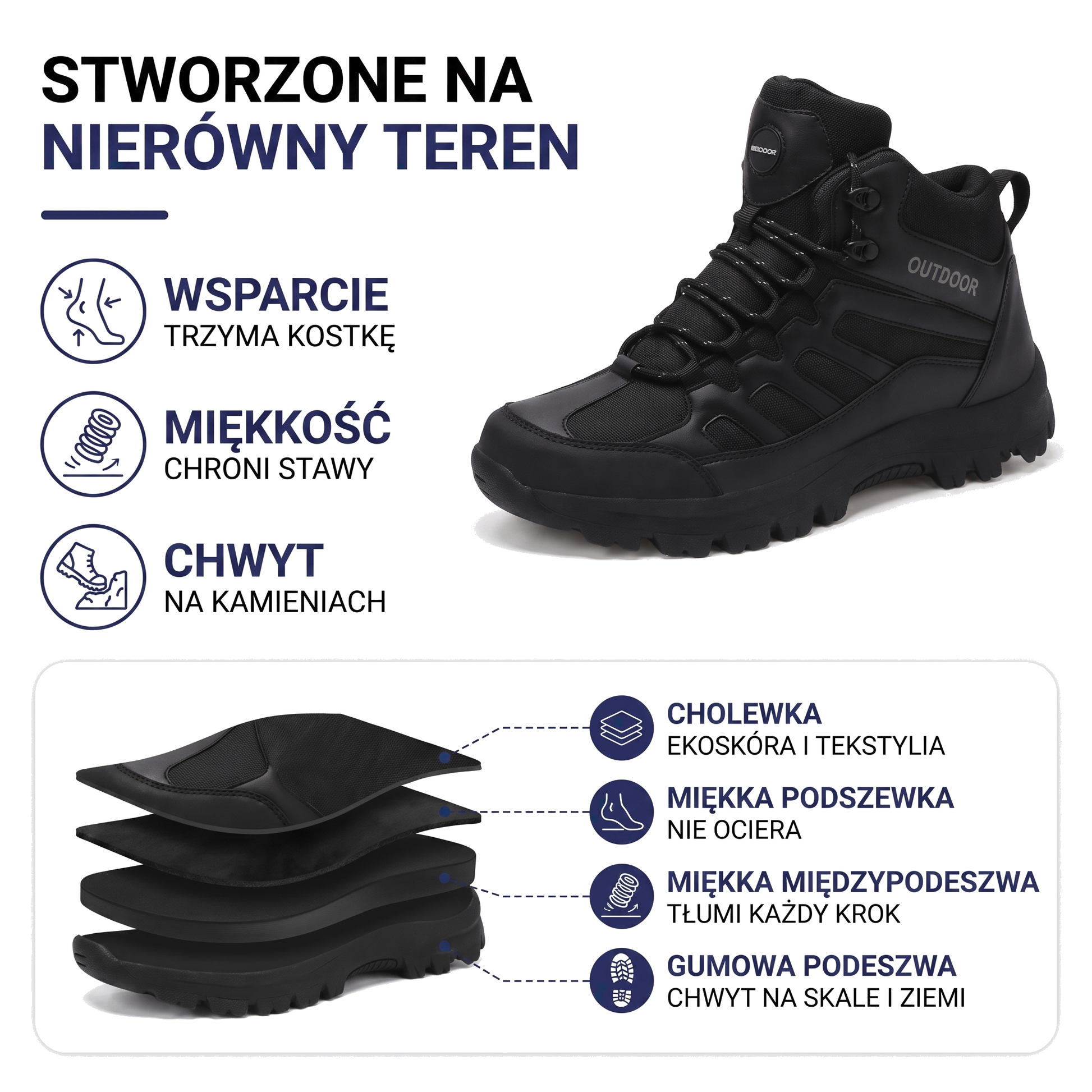 Czarne buty trekkingowe męskie za kostkę z chwytną podeszwą