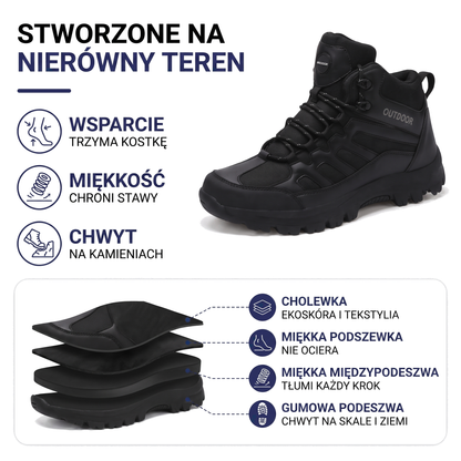 Czarne buty trekkingowe męskie za kostkę z chwytną podeszwą