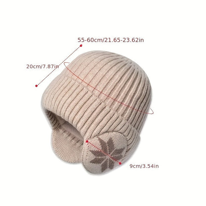 Czapka uszatka unisex ze wzorem w śnieżynki, dziana czapka zimowa