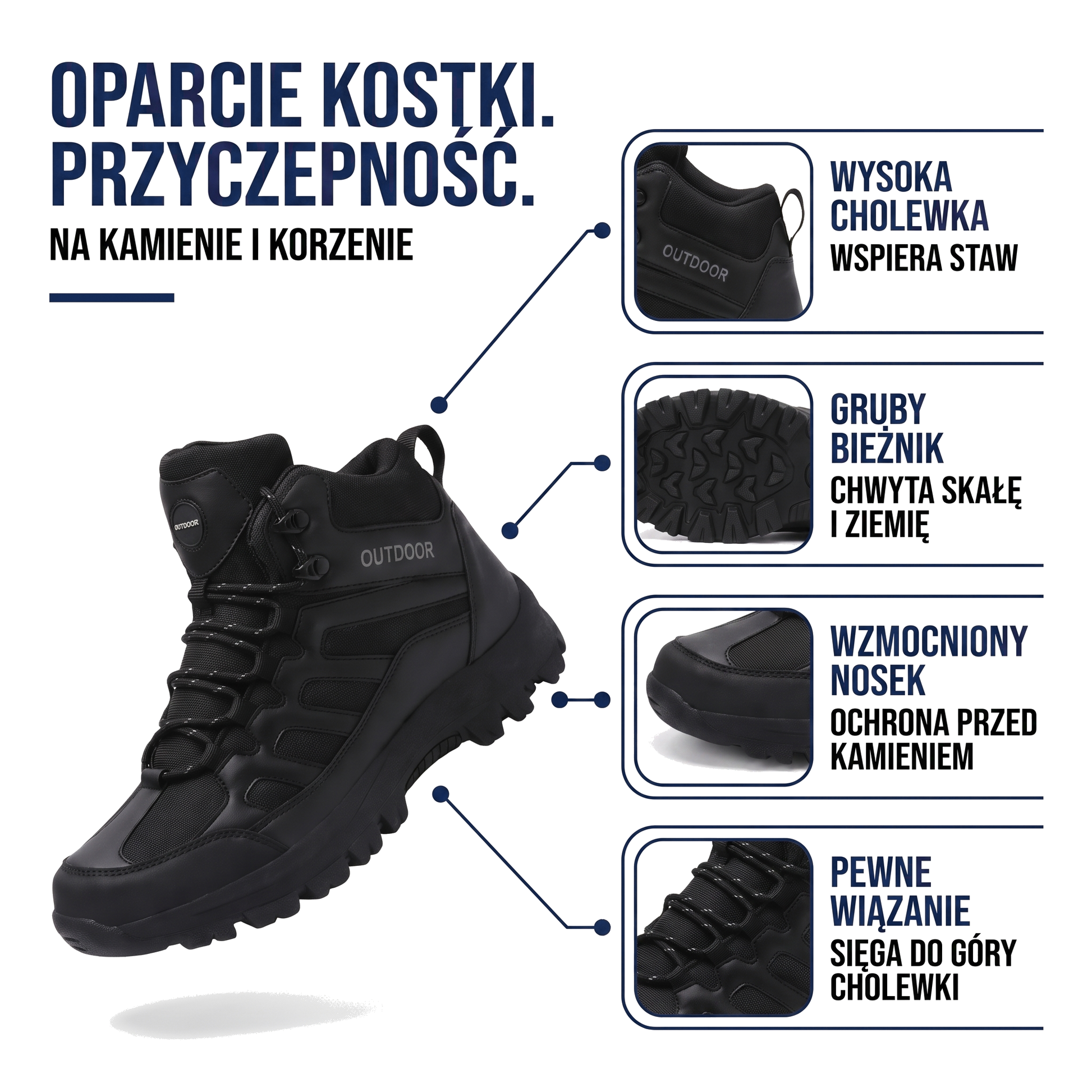 Czarne buty trekkingowe męskie za kostkę z chwytną podeszwą