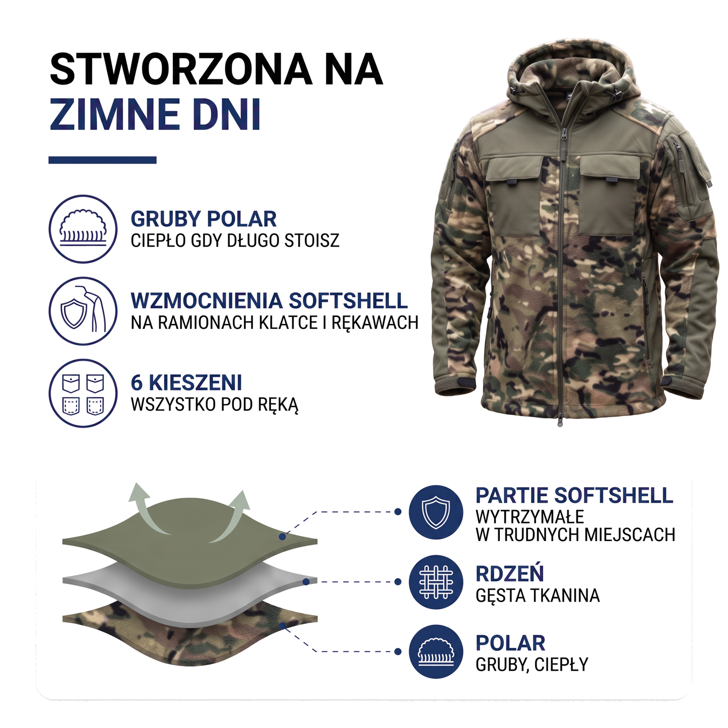 Polar męski taktyczny z kapturem, moro i gładkie kolory