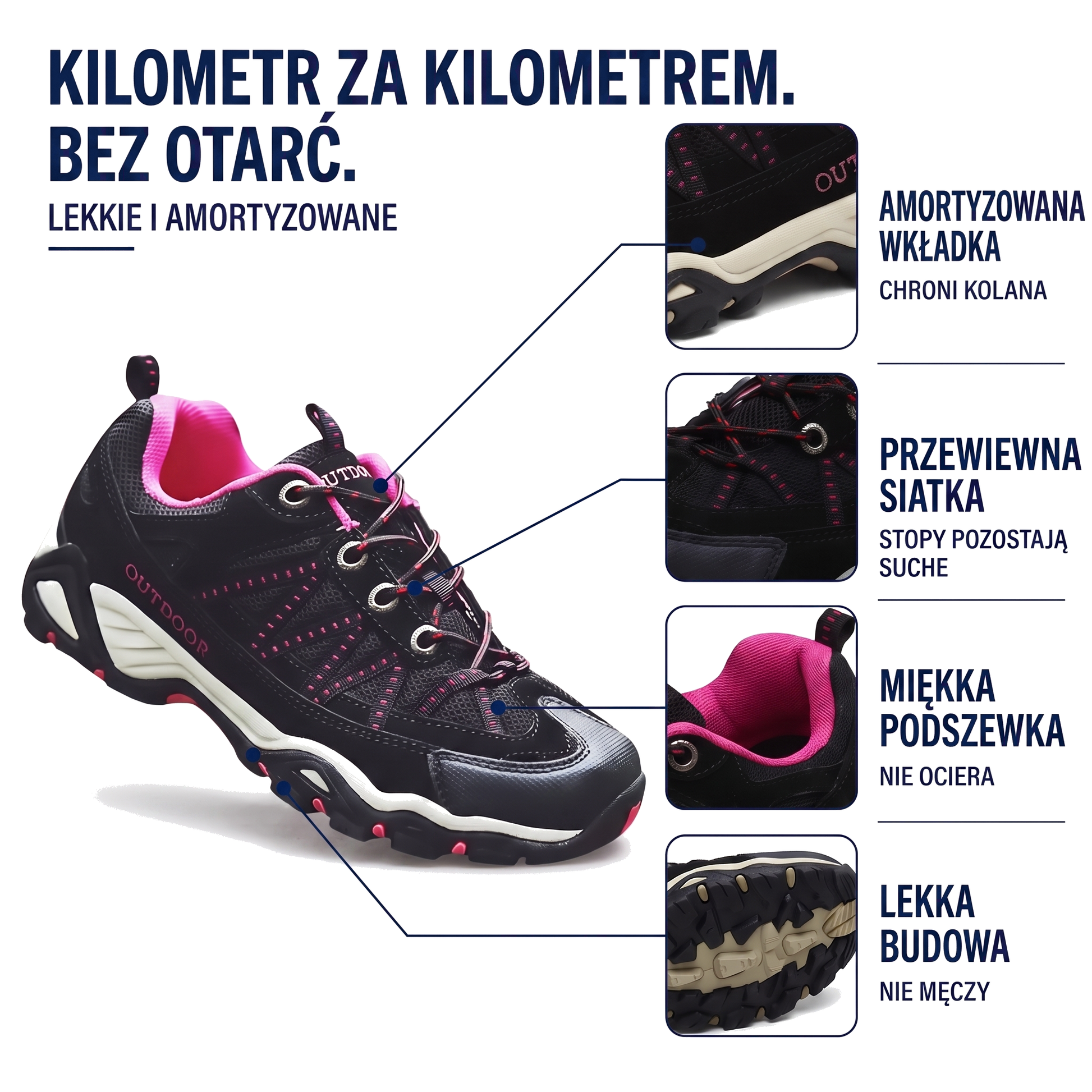 Buty trekkingowe damskie z profilowaną podeszwą i welurową cholewką