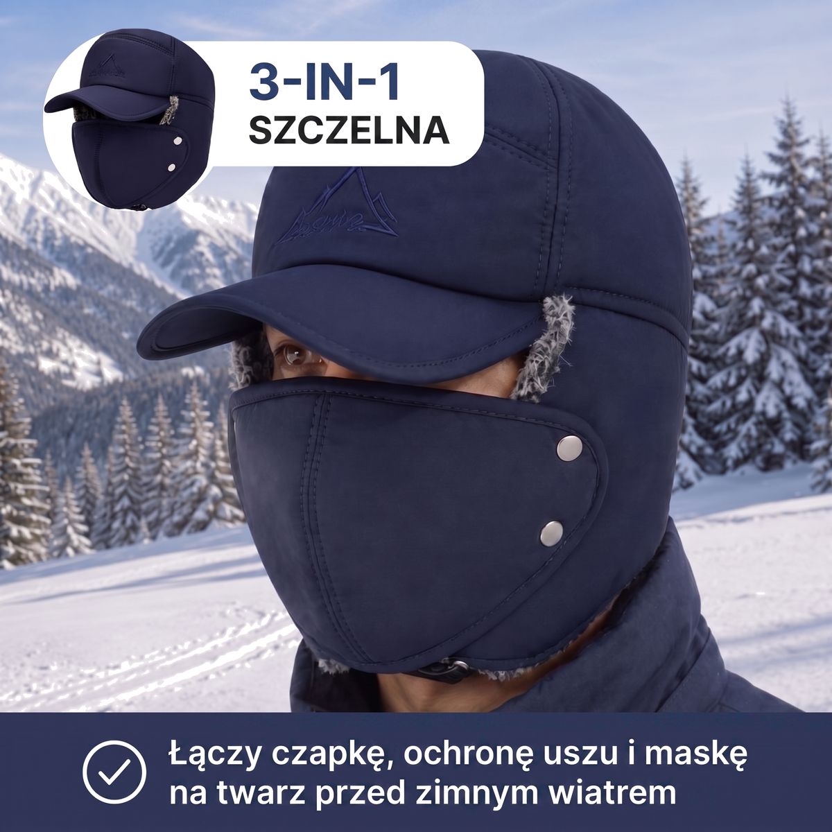 Czapka uszatka męska 3 w 1 z odpinaną maską na twarz