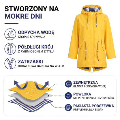 Kurtka przeciwdeszczowa damska średniej długości z kapturem