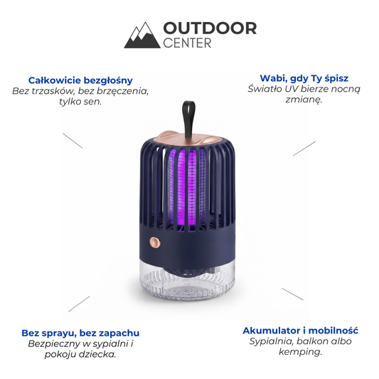 Łapka na Komary do Wnętrz - Lampa UV na Akumulator - Bezgłośna do Sypialni