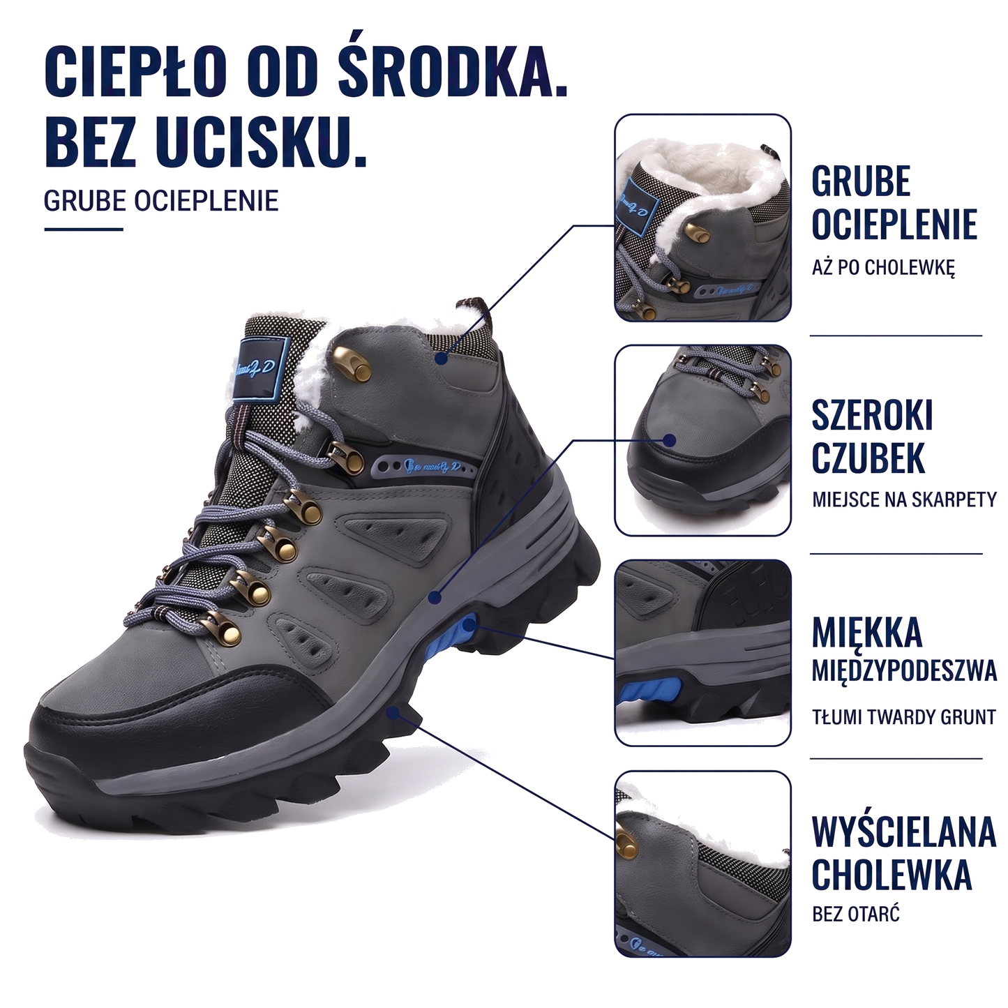 Ocieplane buty zimowe męskie za kostkę z bieżnikowaną podeszwą