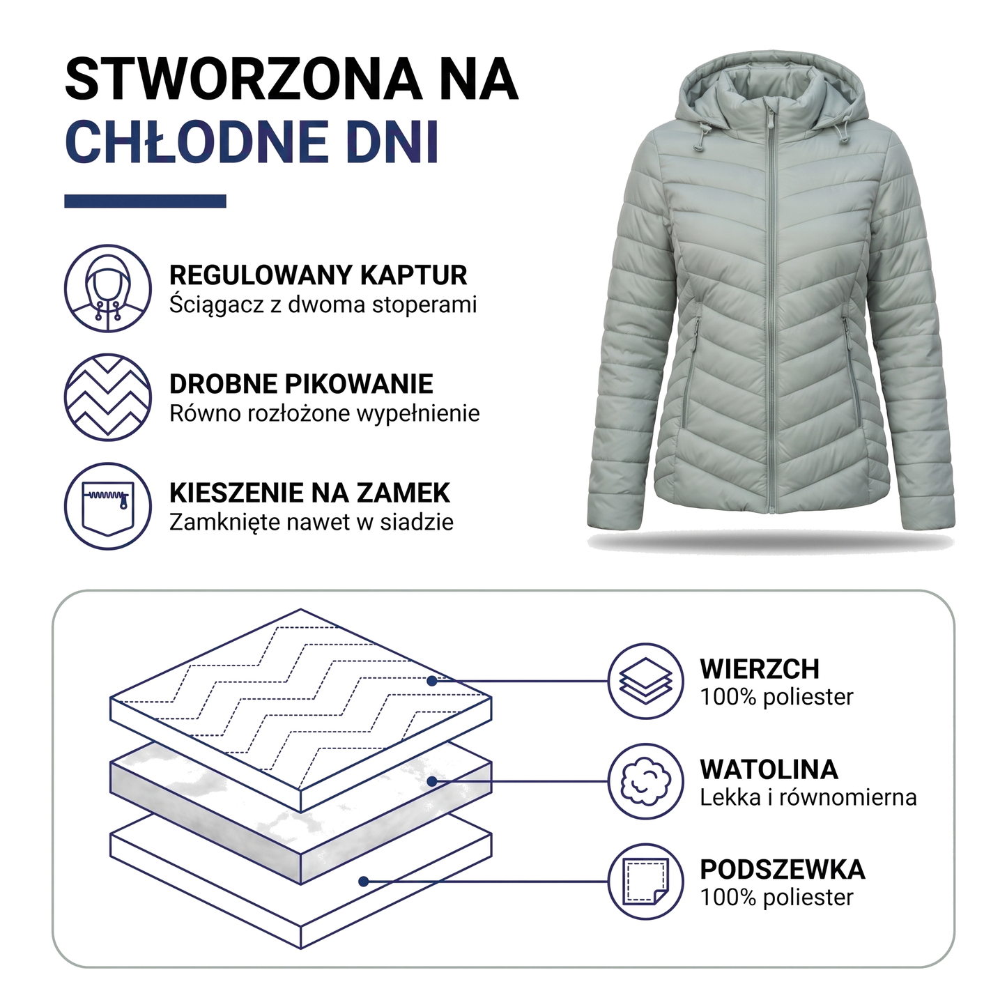 Kurtka pikowana damska z regulowanym kapturem