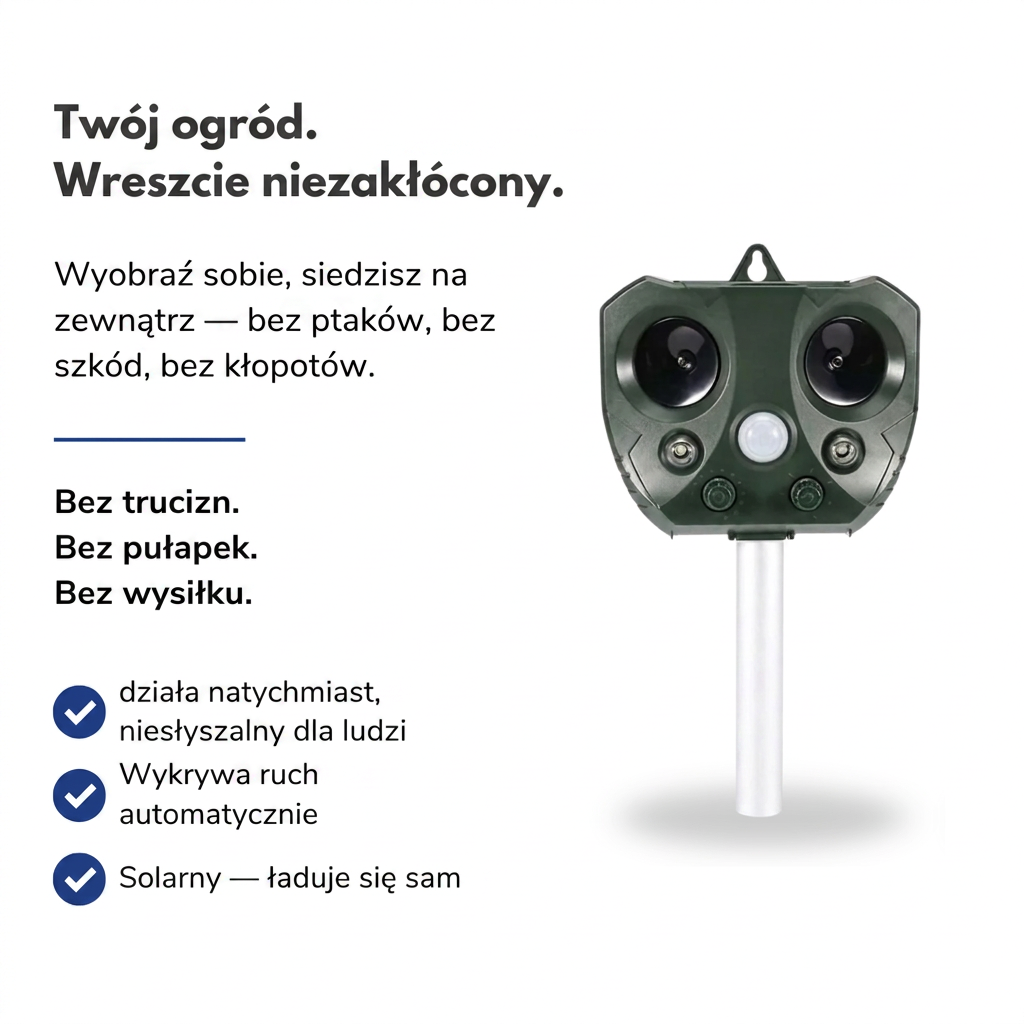 Ultradźwiękowy Odstraszacz Zwierząt Solar – Strachy na Ptaki i Szkodniki – Czujnik PIR
