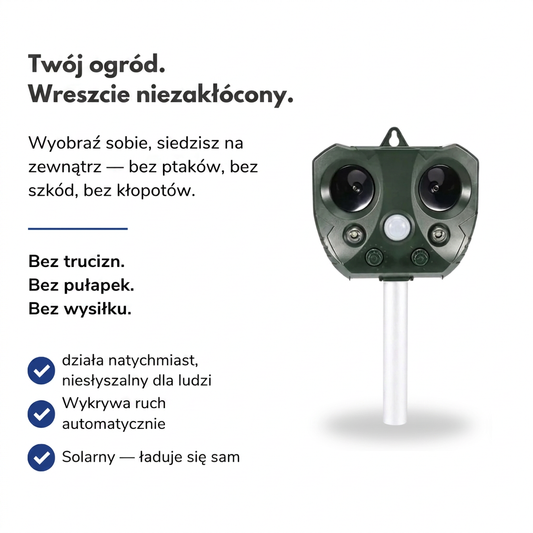 Ultradźwiękowy Odstraszacz Zwierząt Solar – Strachy na Ptaki i Szkodniki – Czujnik PIR