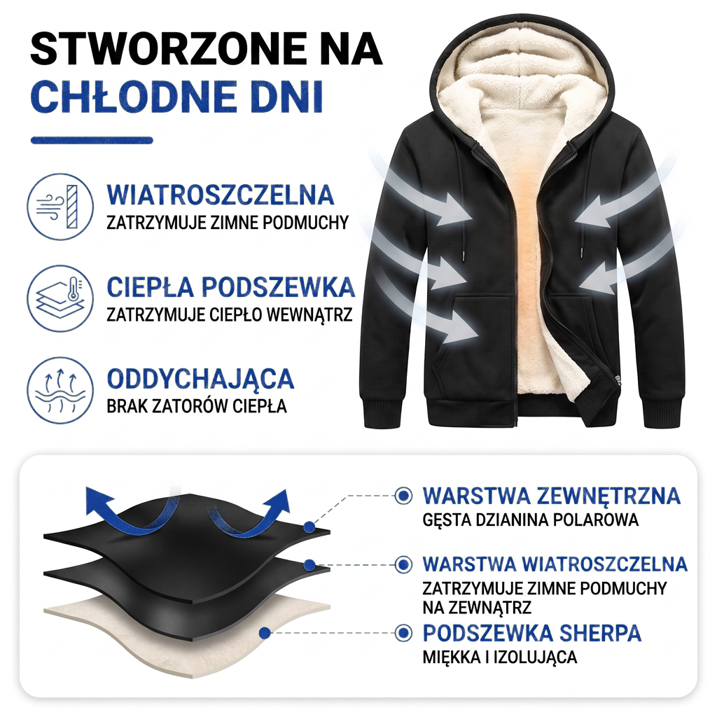 Polar męski z kapturem - Wiatroszczelny - Podszewka sherpa