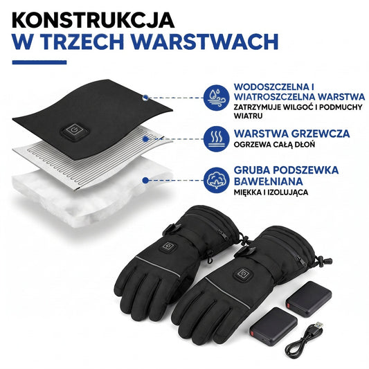 Rękawiczki podgrzewane - 3 poziomy grzania - Wodoodporne i wiatroszczelne