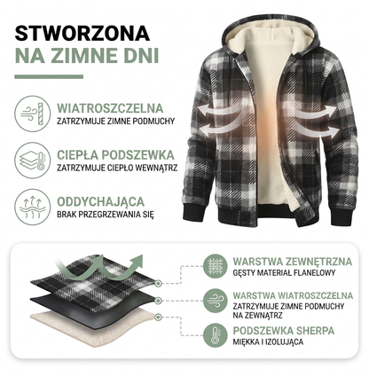 Kurtka w kratę męska - Wiatroszczelna - Podszewka sherpa i kaptur