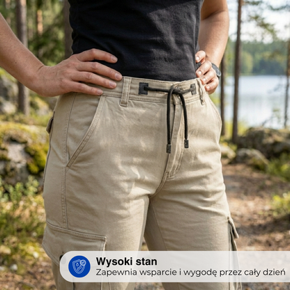 Damskie spodnie cargo – Wysoki stan – Ze ściągaczem i kieszeniami