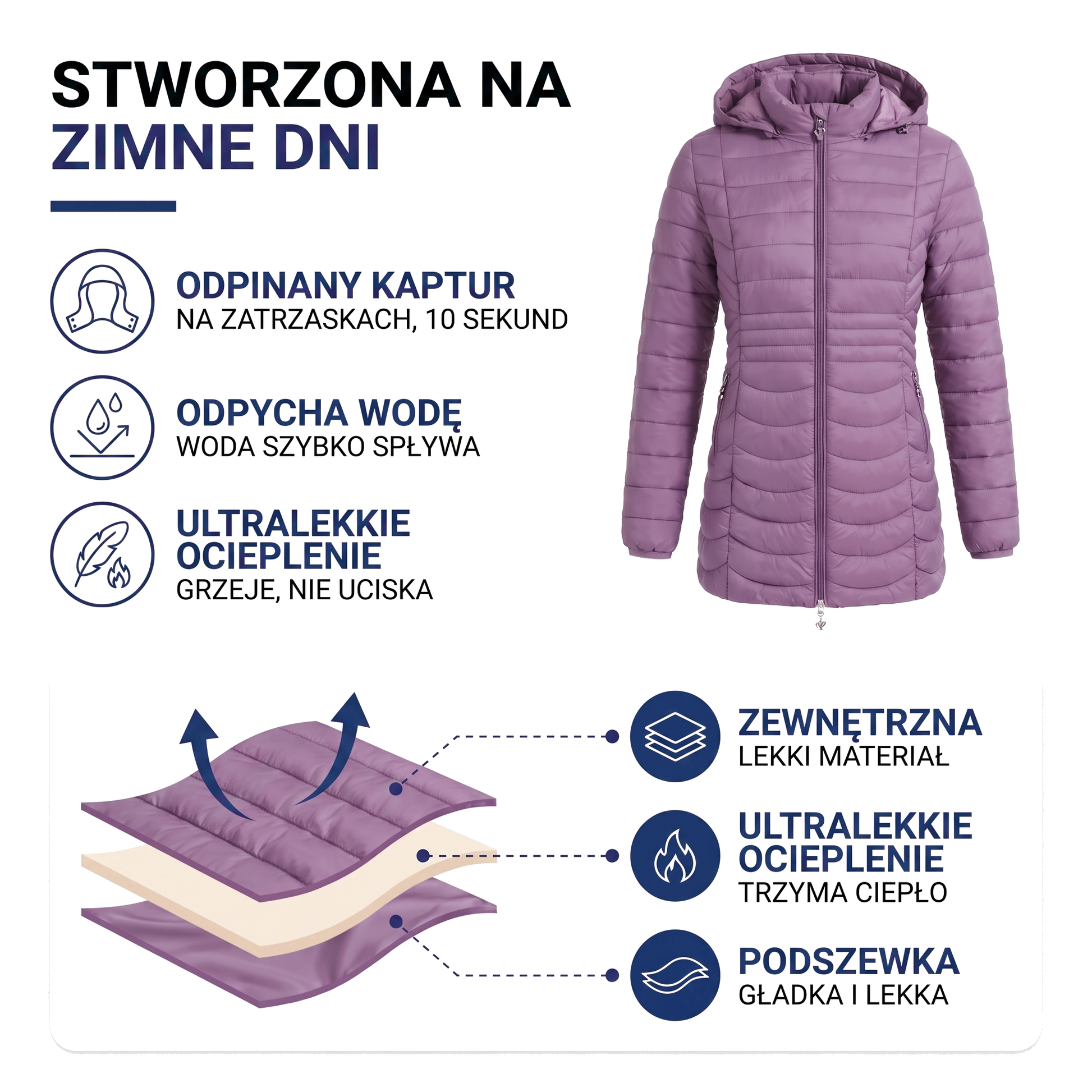 Długa kurtka parka damska z odpinanym kapturem