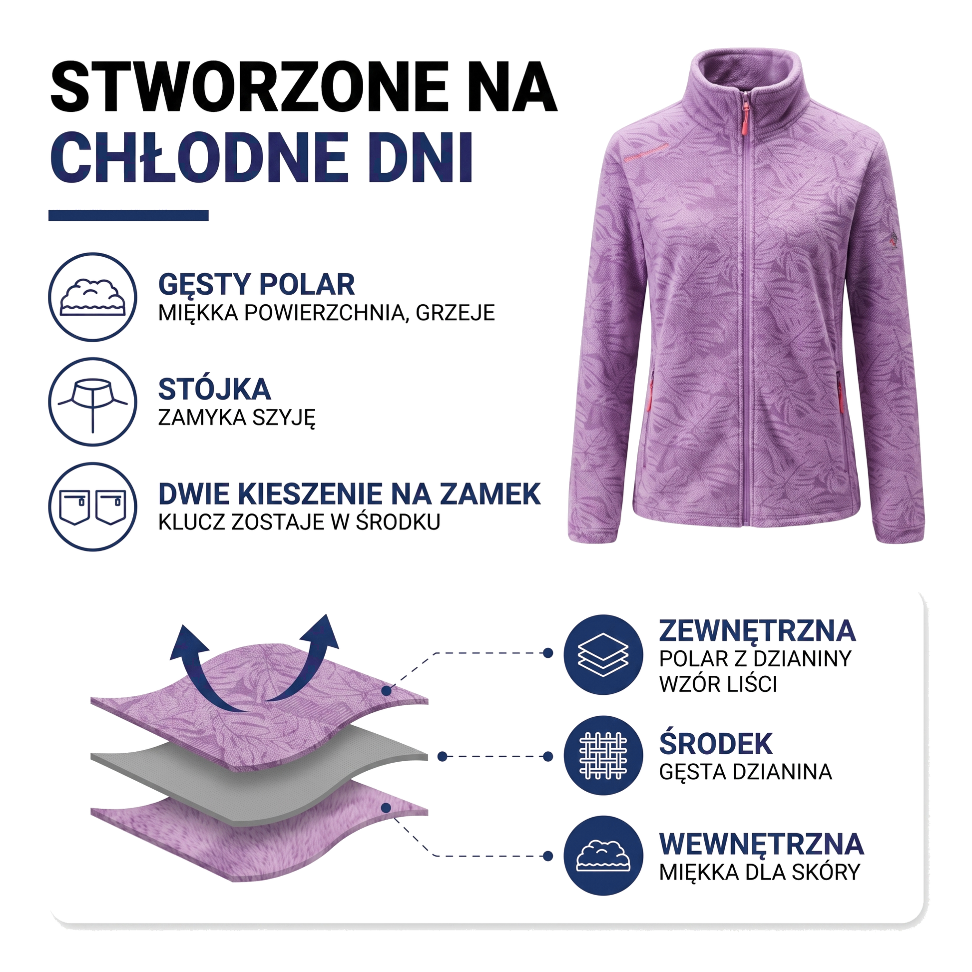 Polar damski ze stójką — wtkany wzór w liście