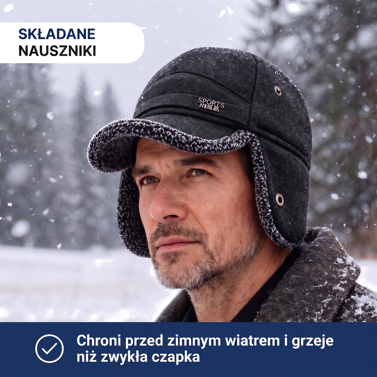 Czapka uszatka męska z daszkiem i polarowym wykończeniem