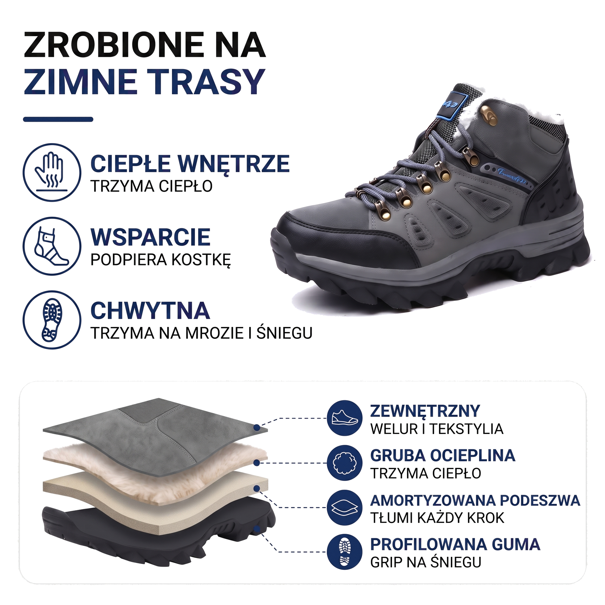 Ocieplane buty zimowe męskie za kostkę z bieżnikowaną podeszwą