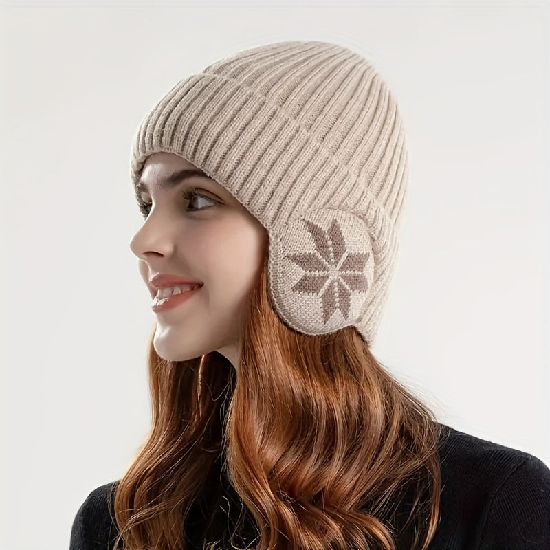 Czapka uszatka unisex ze wzorem w śnieżynki, dziana czapka zimowa