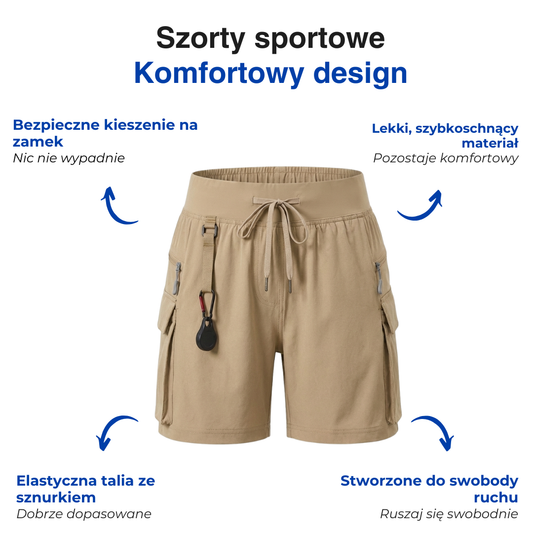 Damskie spodenki sportowe – Lekkie – Z kieszeniami na zamek i sznurkiem