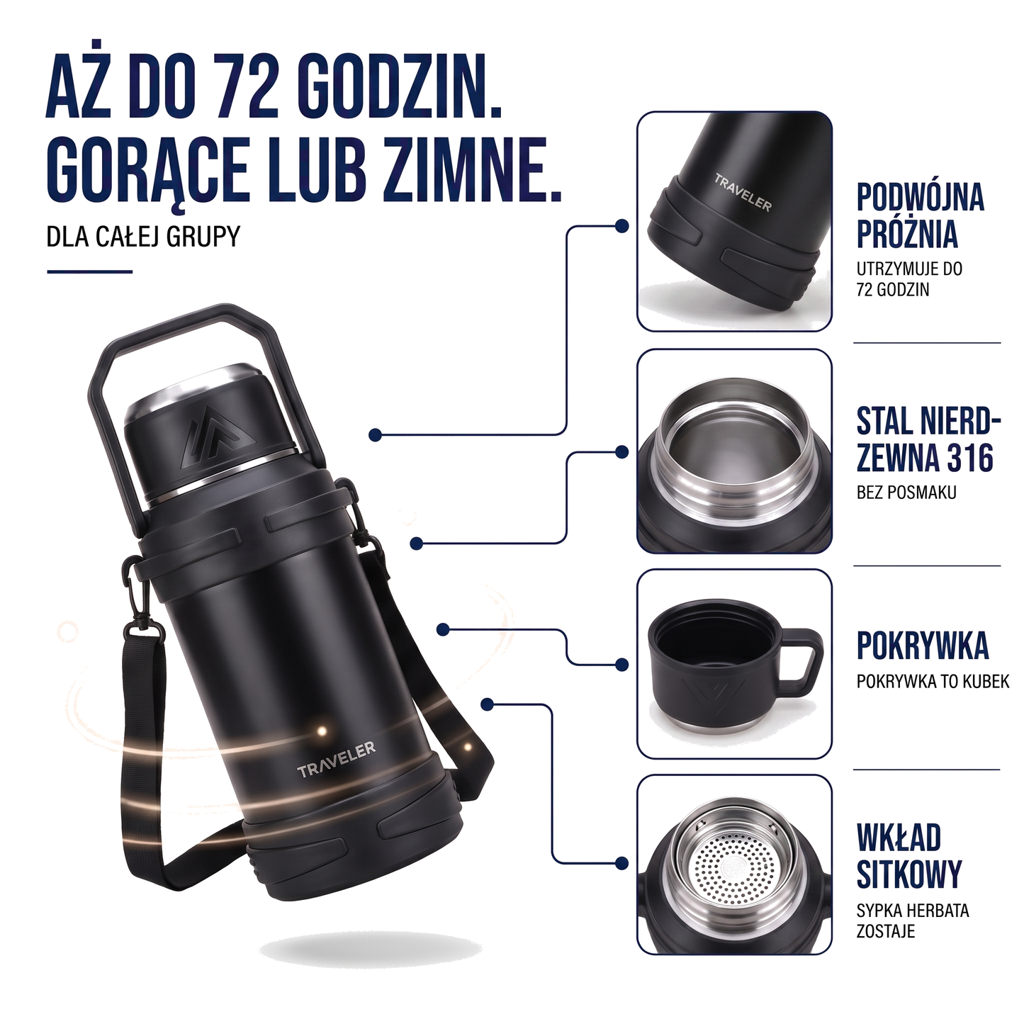 Dzbanek termiczny ze stali nierdzewnej z uchwytem do przenoszenia