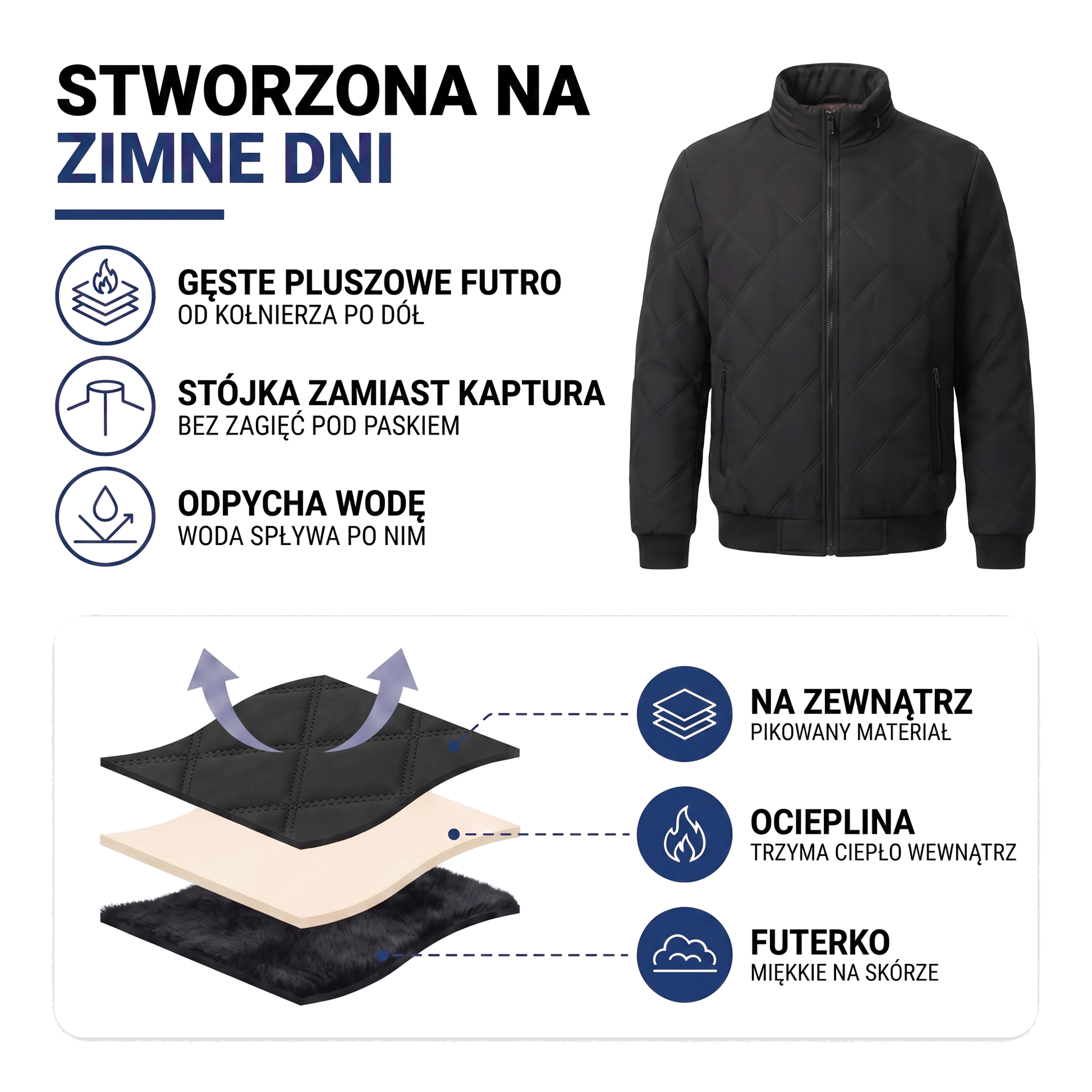 Ocieplana kurtka pikowana męska ze stójką i pikowaniem w romb
