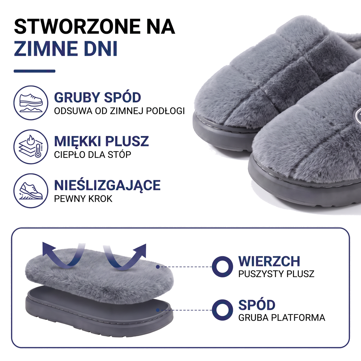 Ciepłe kapcie zimowe z pluszowym futerkiem i grubą podeszwą