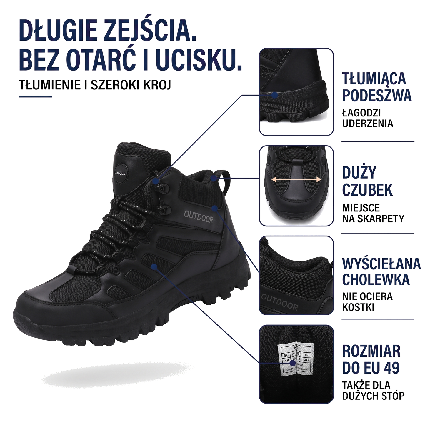 Czarne buty trekkingowe męskie za kostkę z chwytną podeszwą