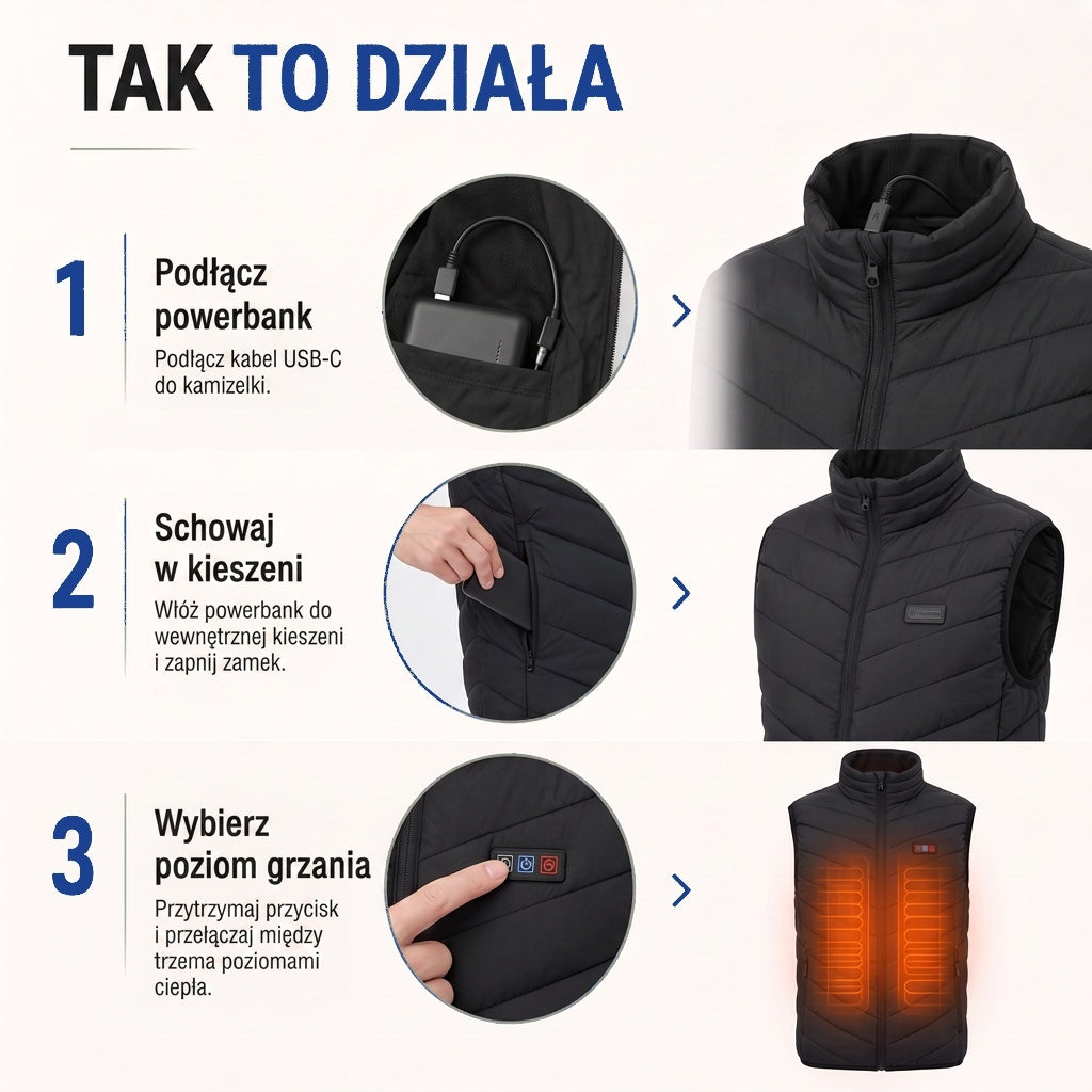 Kamizelka podgrzewana - 9, 15 lub 21 stref grzewczych - USB-C damska i męska
