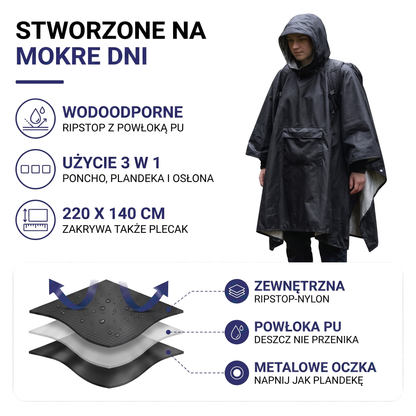 Peleryna przeciwdeszczowa z kapturem 3 w 1 dla dorosłych