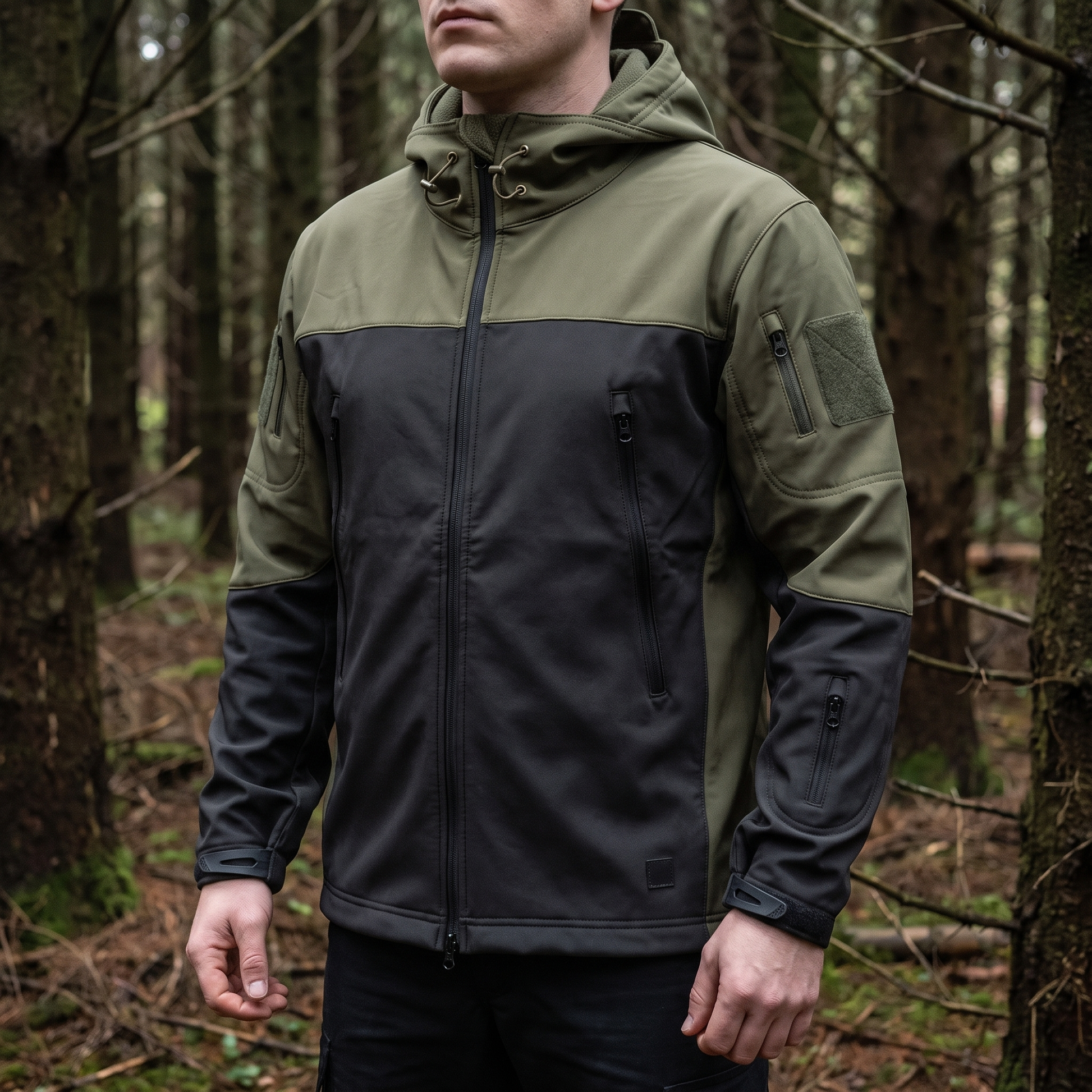 Kurtka softshell męska z polarową podszewką i taktycznym kapturem