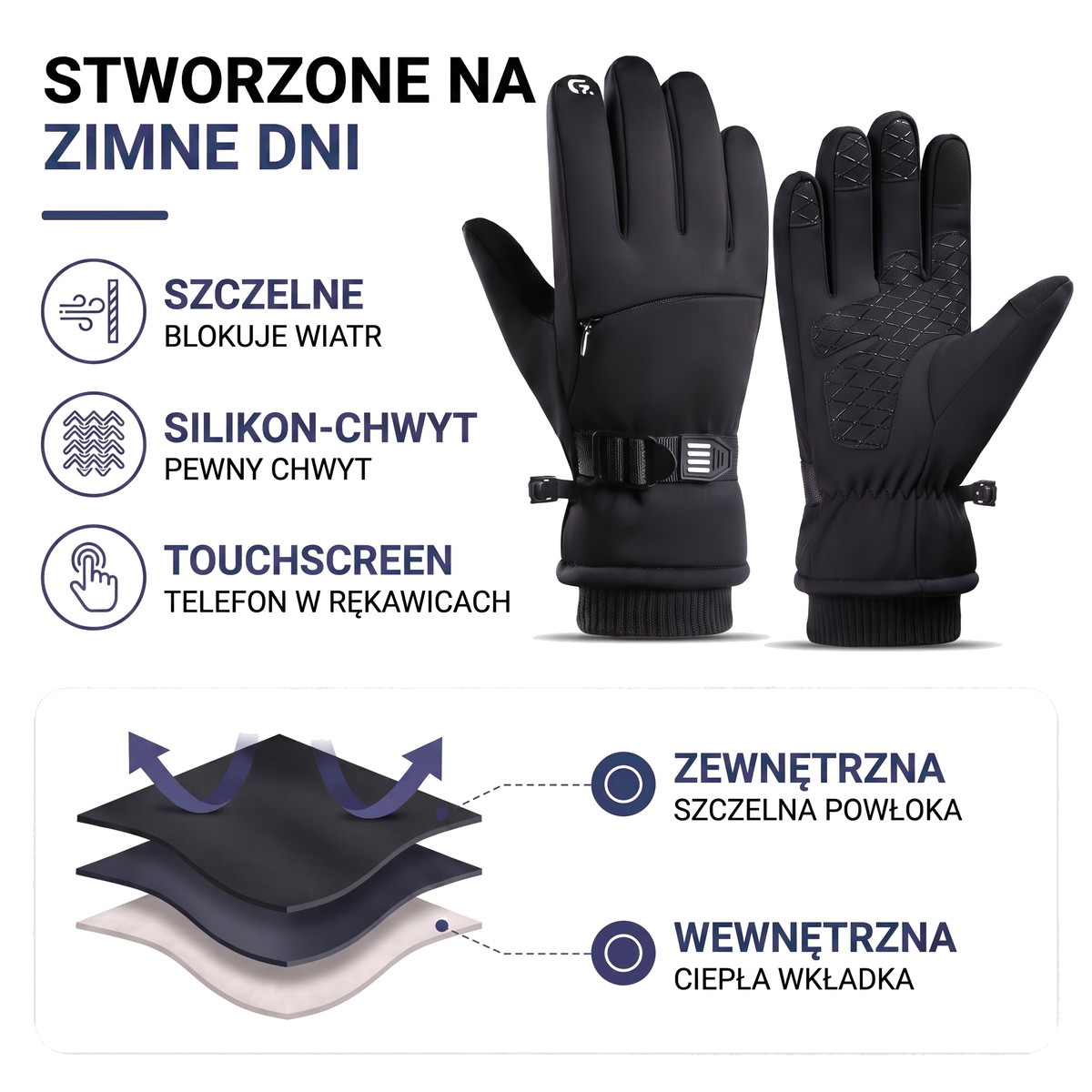 Rękawice narciarskie męskie wiatroszczelne z ekranem dotykowym