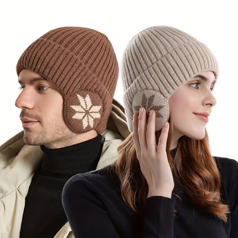Czapka uszatka unisex ze wzorem w śnieżynki, dziana czapka zimowa