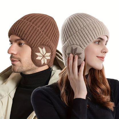 Czapka uszatka unisex ze wzorem w śnieżynki, dziana czapka zimowa