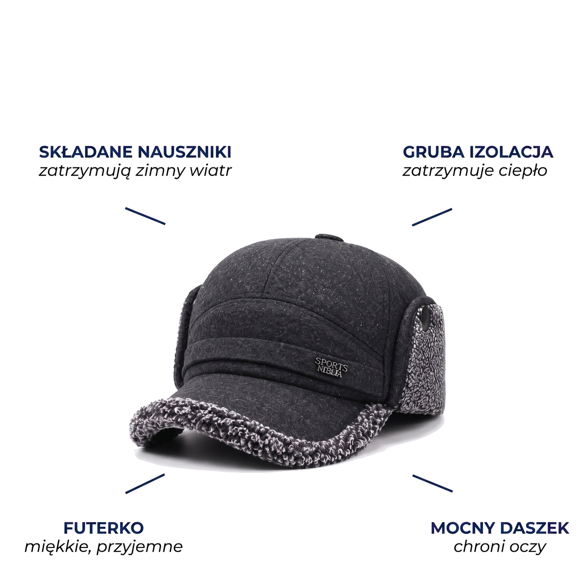 Czapka uszatka męska z daszkiem i polarowym wykończeniem