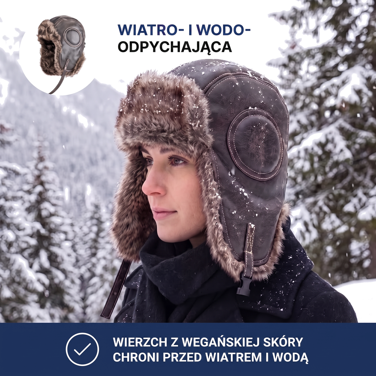 Czapka uszatka ze sztucznym futerkiem, wegańska skóra