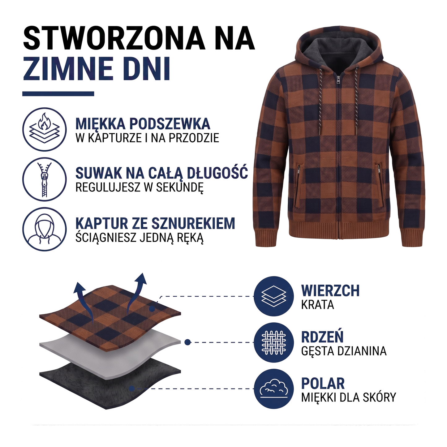 Rozpinana bluza męska z kapturem w kratę z polarową podszewką