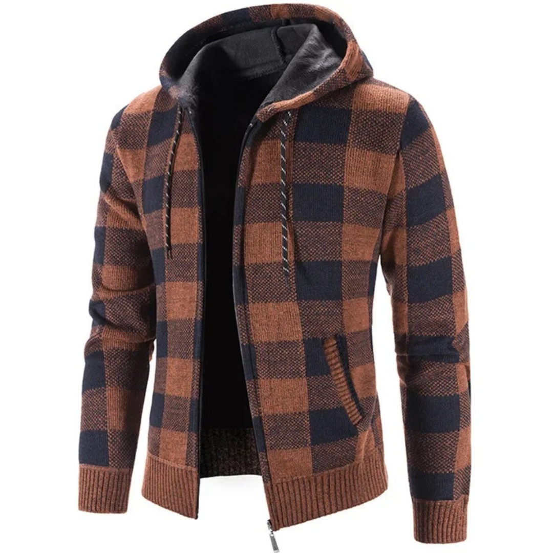 Rozpinana bluza męska z kapturem w kratę z polarową podszewką