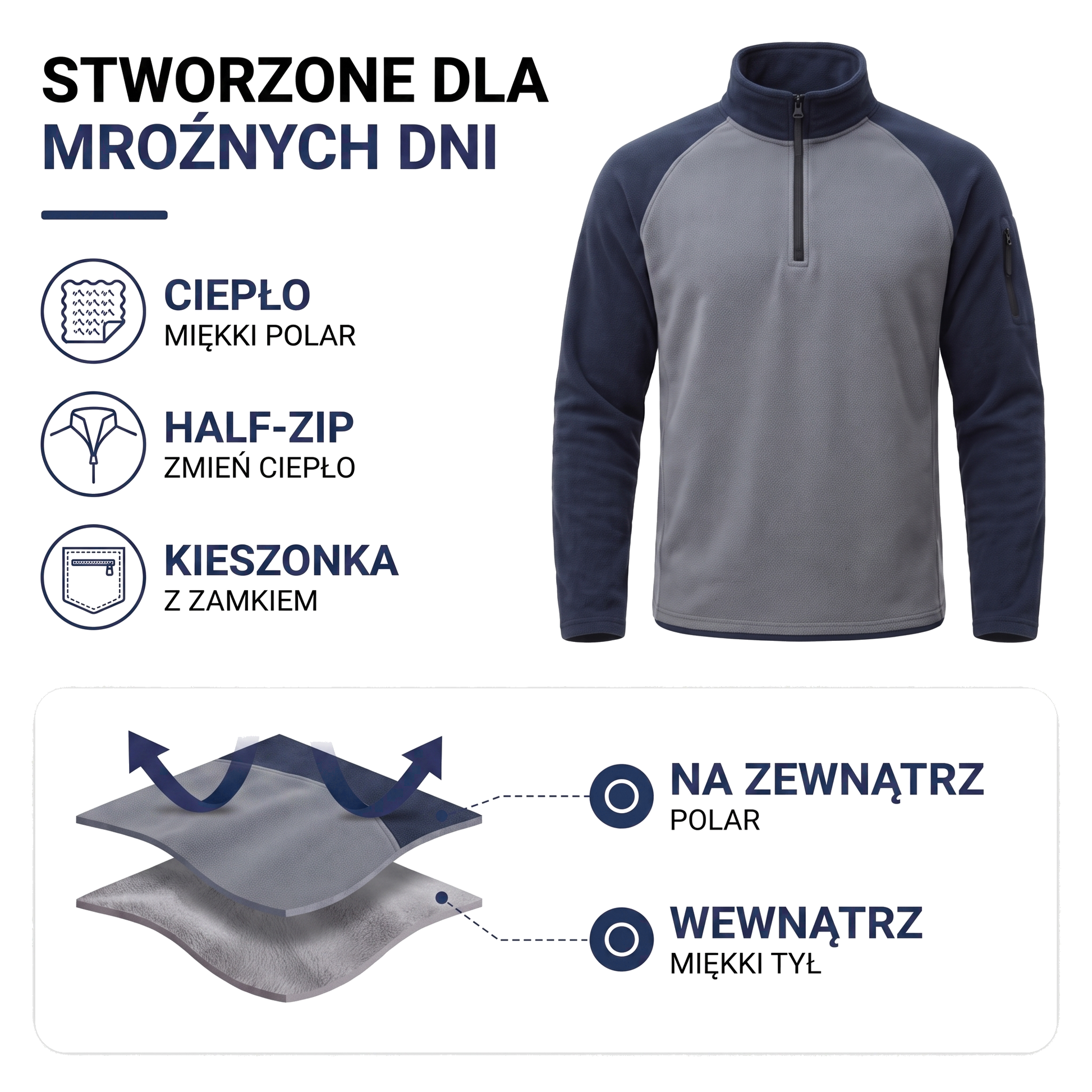 Polar męski z półzamkiem, dwukolorowy