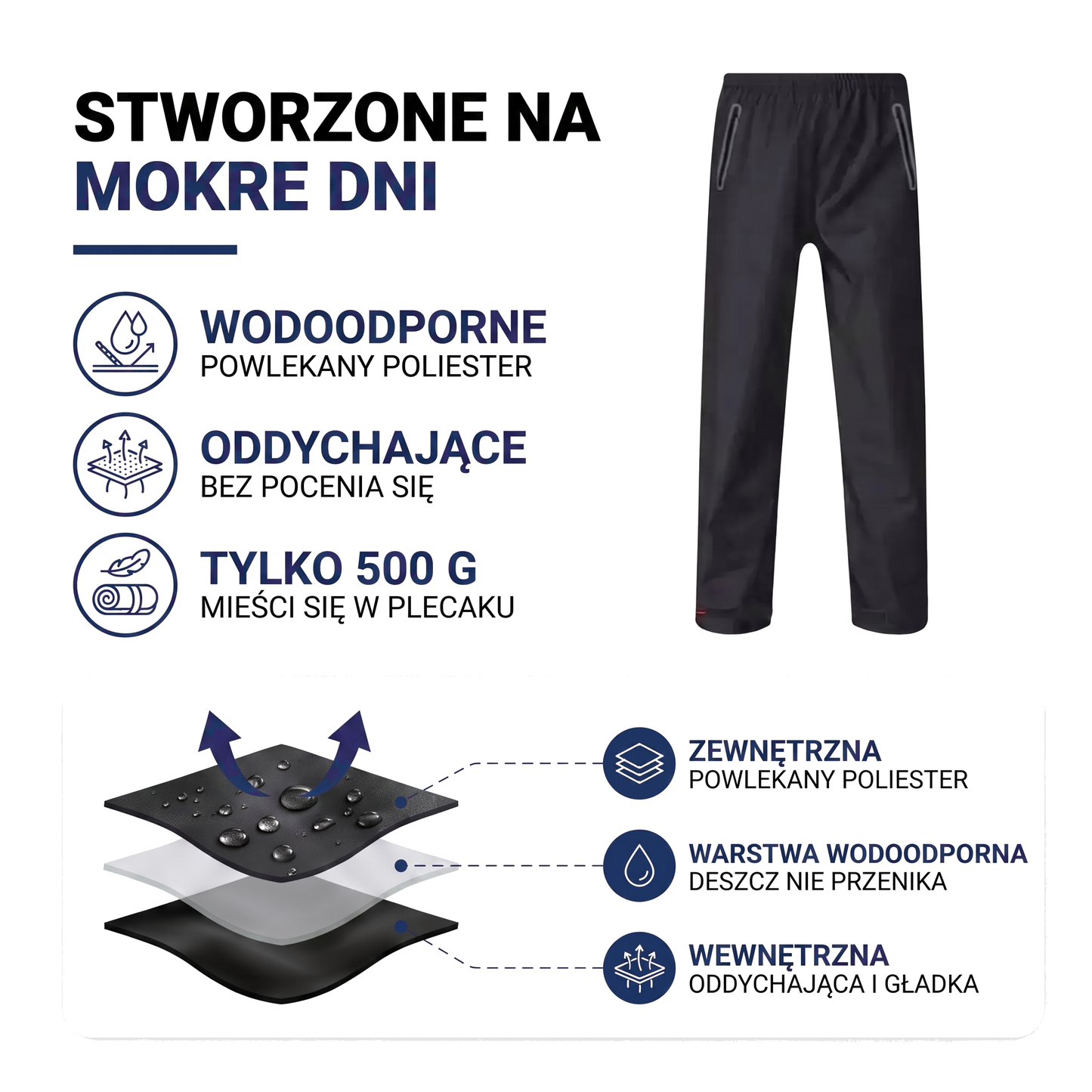 Wodoodporne spodnie przeciwdeszczowe męskie z kieszeniami na zamek