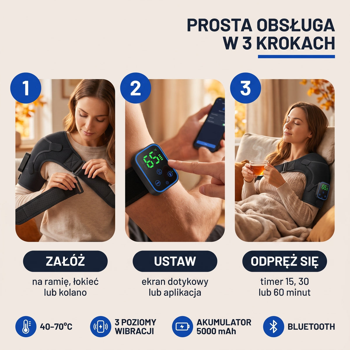 3-w-1 Elektryczny rozciągacz na ramiona, łokcie i kolana z funkcją ogrzewania i sterowaniem aplikacją – zastosowania