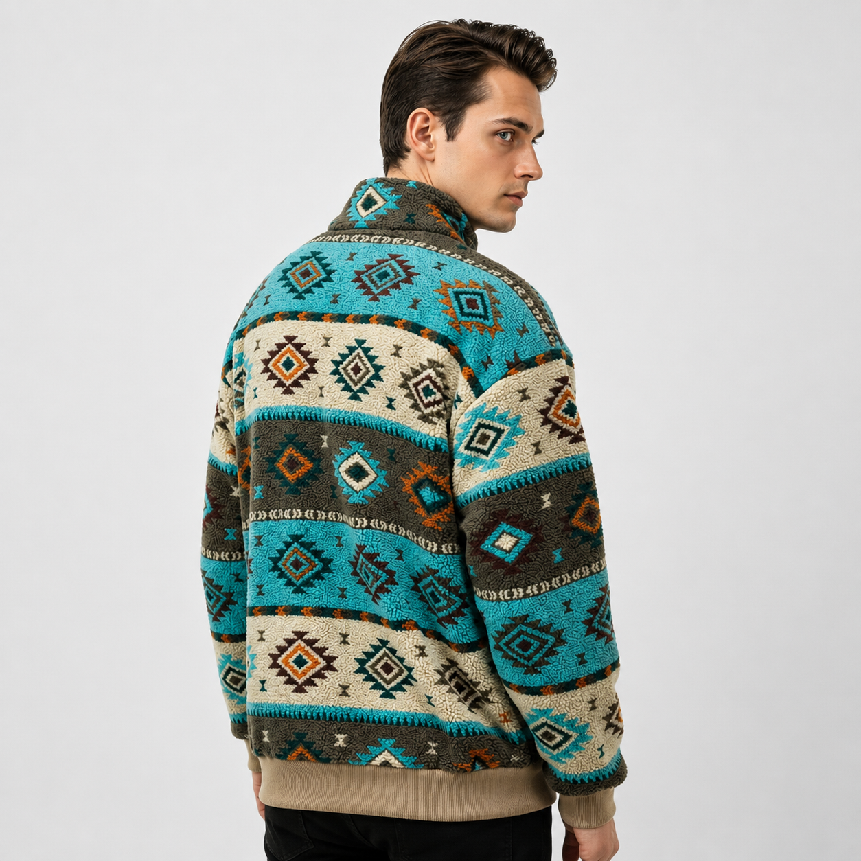 Bluza polarowa męska z półzamkiem i wzorem etnicznym