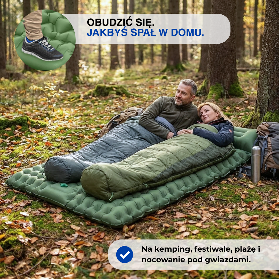Dmuchana mata campingowa dla dwóch osób – wytrzymała, z wbudowaną poduszką i pompką nożną