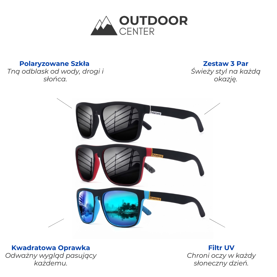 Okulary Polaryzacyjne 3-Pak - Kwadratowa Oprawka - Filtr UV