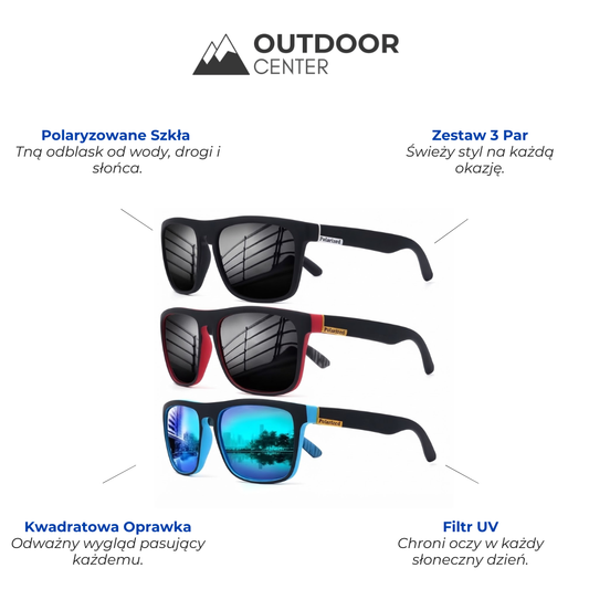 Okulary Polaryzacyjne 3-Pak - Kwadratowa Oprawka - Filtr UV