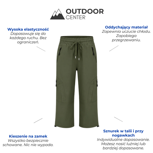 Damskie Outdoorowe Spodnie Capri – Oddychające i Elastyczne Spodnie Trekkingowe z Kieszeniami na Zamek