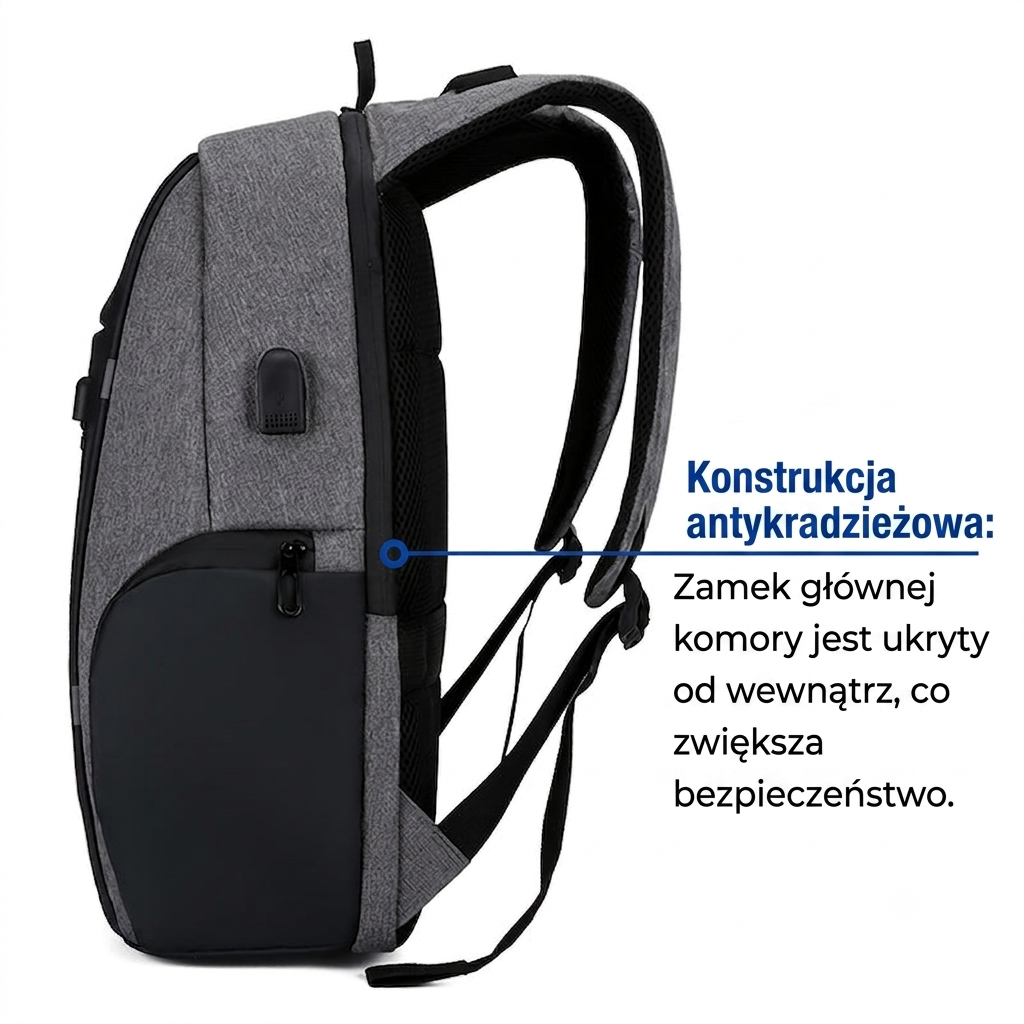 Plecak szkolny na laptopa 15,6" - z portem USB - antywłamaniowy